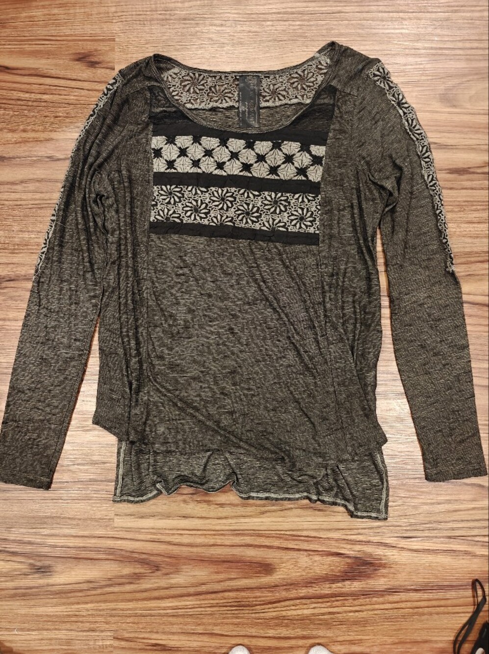 Free People New Romantics Black Beige Striped Lace Trim Long Sleeved Shirt